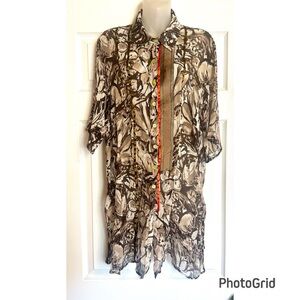 100 % Silk Alain Weiz Women's Brown Abstract Button-Down Tunic Duster